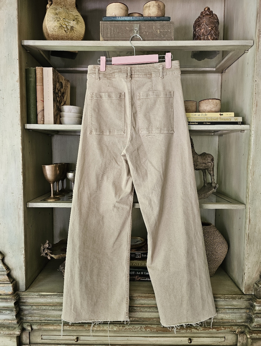 ZARA Marine Straight Patch Pocket Jean Sz 8 Wide Leg Raw Hem Beige Stone - Picture 12 of 14